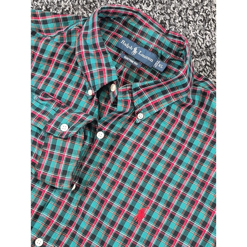 Ralph Lauren Custom Fit Button Down Shirt Mens XL Green Plaid‎ Long Sleeve